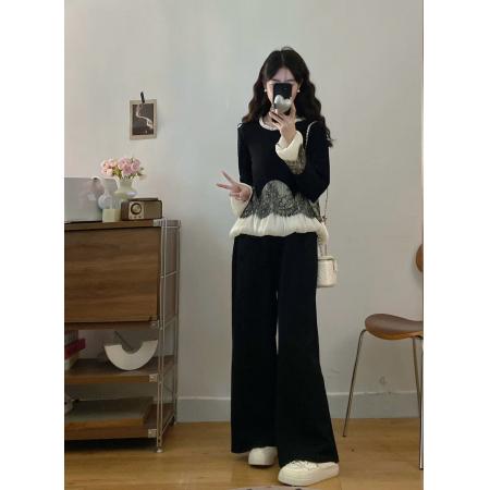 FA56322#大码女装胖mm新款优雅气质显瘦蕾丝拼接上衣+半裙裤子两件套 服裝批發女裝批發服飾貨源