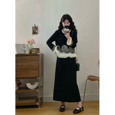FA56322#大码女装胖mm新款优雅气质显瘦蕾丝拼接上衣+半裙裤子两件套 服裝批發女裝批發服飾貨源