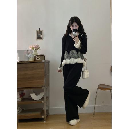 FA56322#大码女装胖mm新款优雅气质显瘦蕾丝拼接上衣+半裙裤子两件套 服裝批發女裝批發服飾貨源