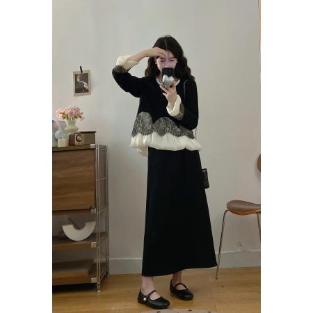 FA56322#大码女装胖mm新款优雅气质显瘦蕾丝拼接上衣+半裙裤子两件套 服裝批發女裝批發服飾貨源