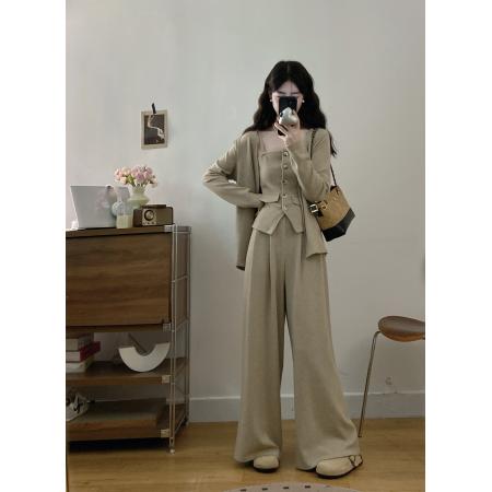 FA56323#大码女装胖mm新款气质韩系休闲开衫+修身抹胸吊带+阔腿裤套装 服裝批發女裝批發服飾貨源