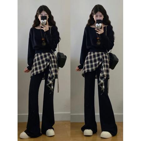 FA56324#大码女装胖mm新款时尚洋气斜肩卫衣格子拼接微喇裤套装 服裝批發女裝批發服飾貨源