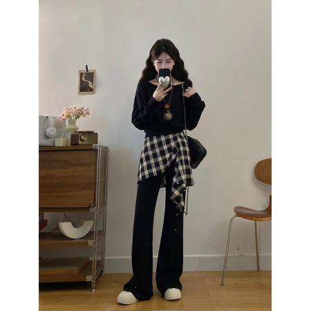 FA56324#大码女装胖mm新款时尚洋气斜肩卫衣格子拼接微喇裤套装 服裝批發女裝批發服飾貨源