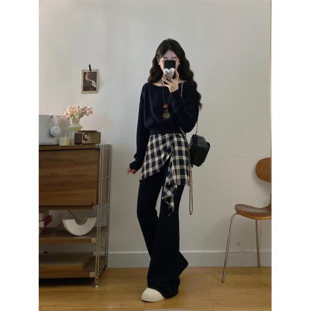 FA56324#大码女装胖mm新款时尚洋气斜肩卫衣格子拼接微喇裤套装 服裝批發女裝批發服飾貨源