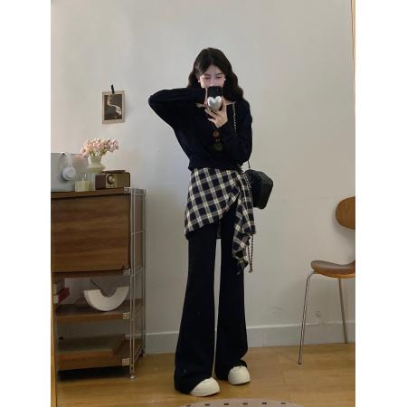 FA56324#大码女装胖mm新款时尚洋气斜肩卫衣格子拼接微喇裤套装 服裝批發女裝批發服飾貨源