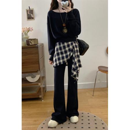 FA56324#大码女装胖mm新款时尚洋气斜肩卫衣格子拼接微喇裤套装 服裝批發女裝批發服飾貨源