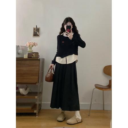 FA56325#大码女装胖mm新款假两件拼接上衣+百褶半身裙 服裝批發女裝批發服飾貨源