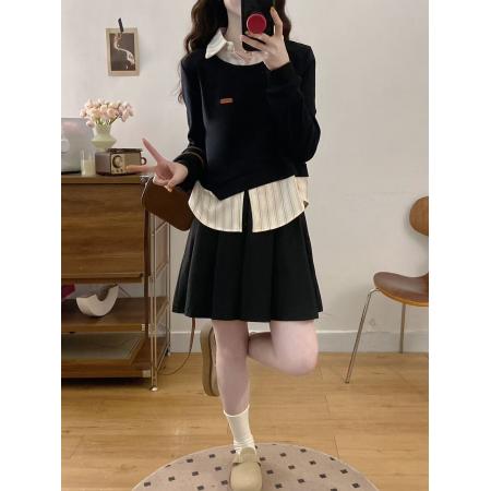 FA56325#大码女装胖mm新款假两件拼接上衣+百褶半身裙 服裝批發女裝批發服飾貨源