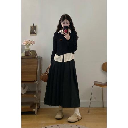 FA56325#大码女装胖mm新款假两件拼接上衣+百褶半身裙 服裝批發女裝批發服飾貨源