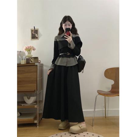 FA56328#大码女装胖mm新款牛仔拼接假两件上衣+裙子裤子两件套 服裝批發女裝批發服飾貨源