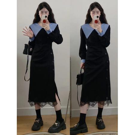 FA56329# 大码女装胖mm气质拼接蕾丝显瘦连衣裙 服裝批發女裝批發服飾貨源