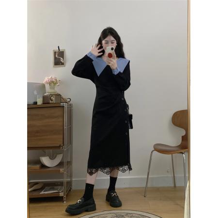 FA56329# 大码女装胖mm气质拼接蕾丝显瘦连衣裙 服裝批發女裝批發服飾貨源