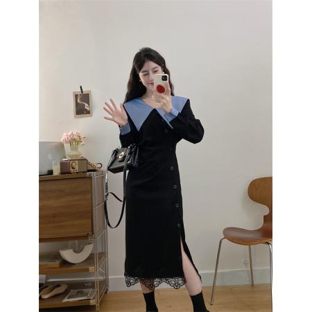 FA56329# 大码女装胖mm气质拼接蕾丝显瘦连衣裙 服裝批發女裝批發服飾貨源