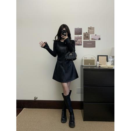 FA56332#大码女装胖mm新款假两件收腰气质拼皮显瘦连衣裙 服裝批發女裝批發服飾貨源