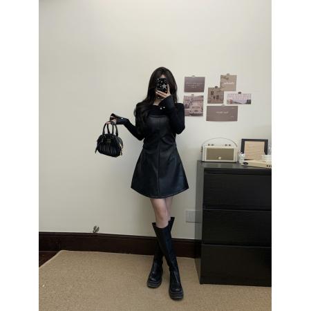 FA56332#大码女装胖mm新款假两件收腰气质拼皮显瘦连衣裙 服裝批發女裝批發服飾貨源