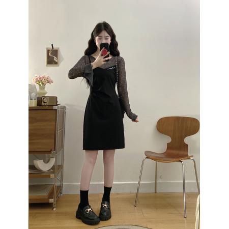 FA56333#大码女装胖mm春季新款假两件拼接收腰连衣裙 服裝批發女裝批發服飾貨源