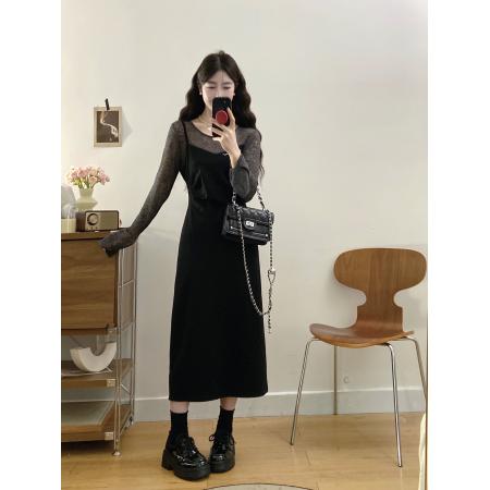 FA56333#大码女装胖mm春季新款假两件拼接收腰连衣裙 服裝批發女裝批發服飾貨源