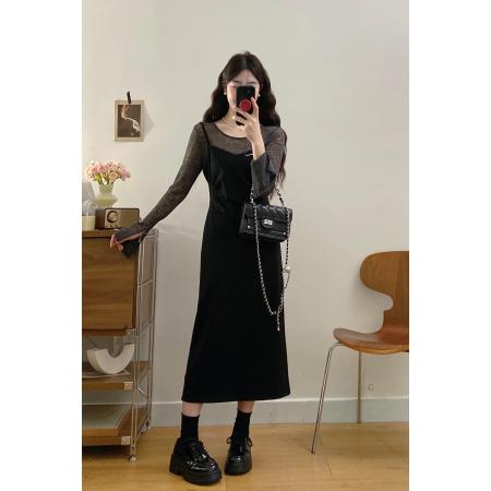 FA56333#大码女装胖mm春季新款假两件拼接收腰连衣裙 服裝批發女裝批發服飾貨源