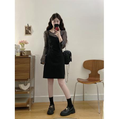 FA56333#大码女装胖mm春季新款假两件拼接收腰连衣裙 服裝批發女裝批發服飾貨源