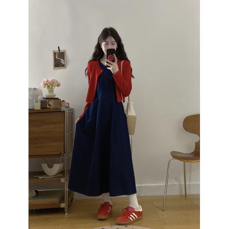 FA56334#大码女装胖mm新款牛仔背心收腰连衣裙+长袖披肩 服裝批發女裝批發服飾貨源