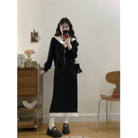 FA56335#大码女装胖mm新款蕾丝拼接卫衣+半身裙两件套 服裝批發女裝批發服飾貨源