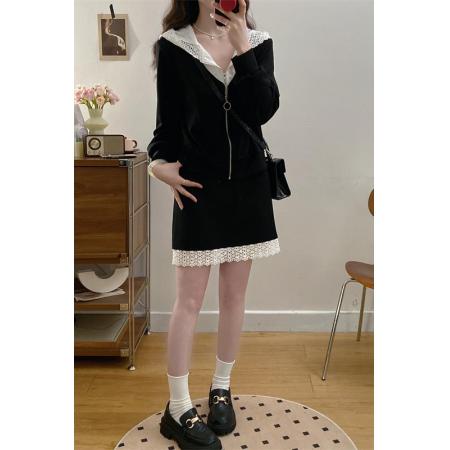 FA56335#大码女装胖mm新款蕾丝拼接卫衣+半身裙两件套 服裝批發女裝批發服飾貨源