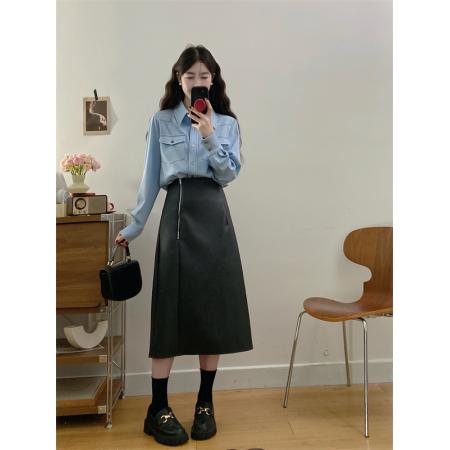 FA56336#大码女装胖mm新款长袖复古假牛仔衬衣+黑色气质皮裙 服裝批發女裝批發服飾貨源