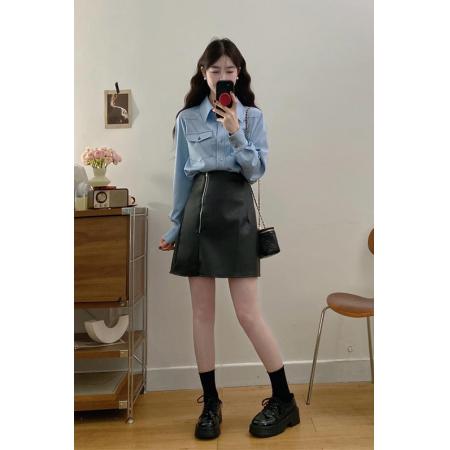 FA56336#大码女装胖mm新款长袖复古假牛仔衬衣+黑色气质皮裙 服裝批發女裝批發服飾貨源