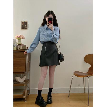 FA56336#大码女装胖mm新款长袖复古假牛仔衬衣+黑色气质皮裙 服裝批發女裝批發服飾貨源