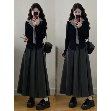 FA56337#大码女装胖mm假两件翻领刺绣上衣+百褶长裙两件套 服裝批發女裝批發服飾貨源