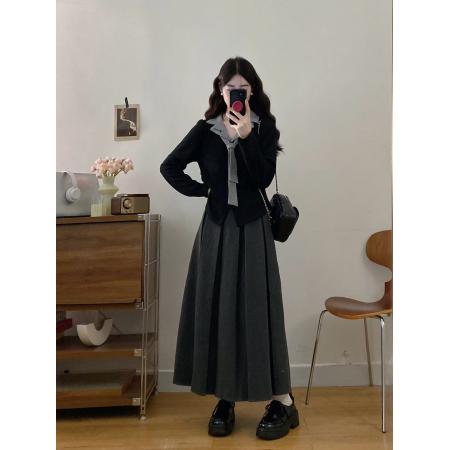 FA56337#大码女装胖mm假两件翻领刺绣上衣+百褶长裙两件套 服裝批發女裝批發服飾貨源