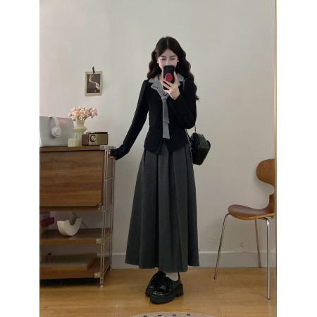 FA56337#大码女装胖mm假两件翻领刺绣上衣+百褶长裙两件套 服裝批發女裝批發服飾貨源