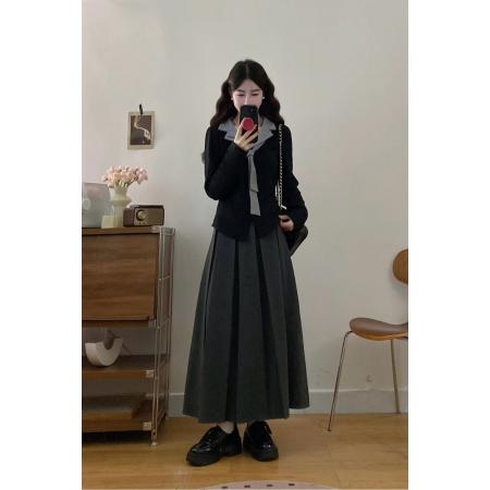 FA56337#大码女装胖mm假两件翻领刺绣上衣+百褶长裙两件套 服裝批發女裝批發服飾貨源