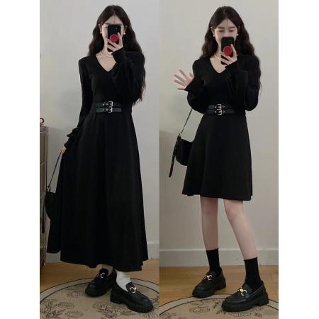 FA56339#大码女装胖mm秋冬显瘦小黑裙收腰V领打底连衣裙 服裝批發女裝批發服飾貨源