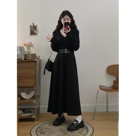 FA56339#大码女装胖mm秋冬显瘦小黑裙收腰V领打底连衣裙 服裝批發女裝批發服飾貨源