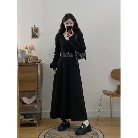 FA56339#大码女装胖mm秋冬显瘦小黑裙收腰V领打底连衣裙 服裝批發女裝批發服飾貨源