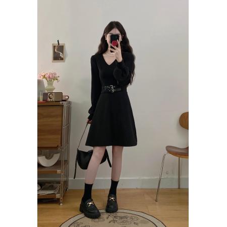 FA56339#大码女装胖mm秋冬显瘦小黑裙收腰V领打底连衣裙 服裝批發女裝批發服飾貨源