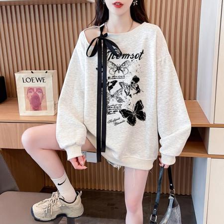 FA56342#大码300斤华棉复飘带蝴蝶结镂空扎染印花卫衣女 服裝批發女裝批發服飾貨源