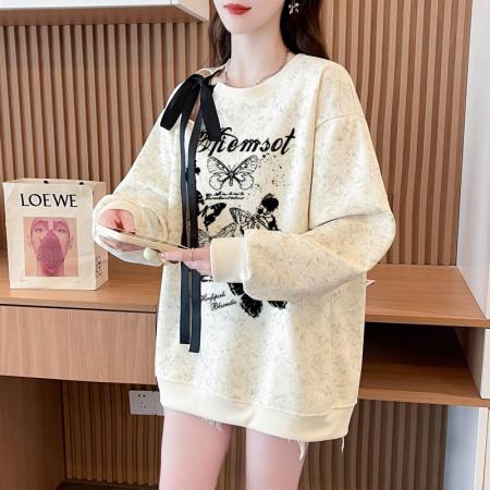 FA56342#大码300斤华棉复飘带蝴蝶结镂空扎染印花卫衣女 服裝批發女裝批發服飾貨源