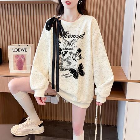 FA56342#大码300斤华棉复飘带蝴蝶结镂空扎染印花卫衣女 服裝批發女裝批發服飾貨源