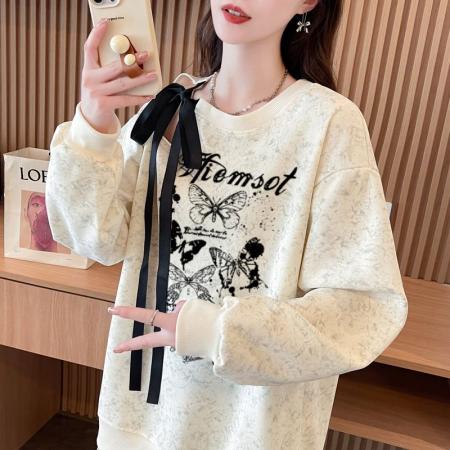 FA56342#大码300斤华棉复飘带蝴蝶结镂空扎染印花卫衣女 服裝批發女裝批發服飾貨源