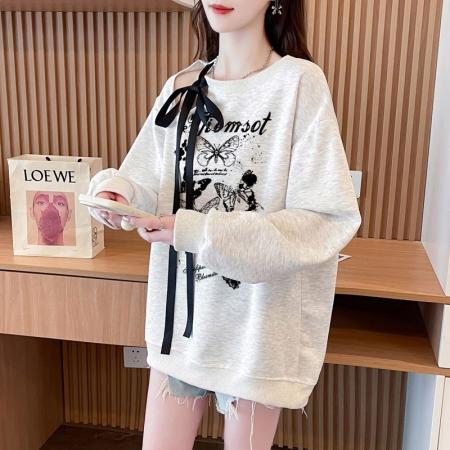 FA56342#大码300斤华棉复飘带蝴蝶结镂空扎染印花卫衣女 服裝批發女裝批發服飾貨源