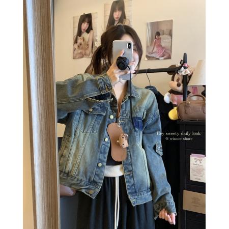 FA56346#韩国系复古穿搭水洗做旧牛仔外套 服裝批發女裝批發服飾貨源