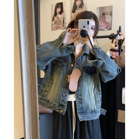 FA56346#韩国系复古穿搭水洗做旧牛仔外套 服裝批發女裝批發服飾貨源