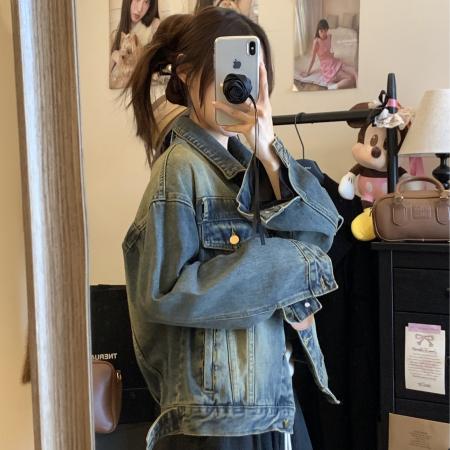 FA56346#韩国系复古穿搭水洗做旧牛仔外套 服裝批發女裝批發服飾貨源