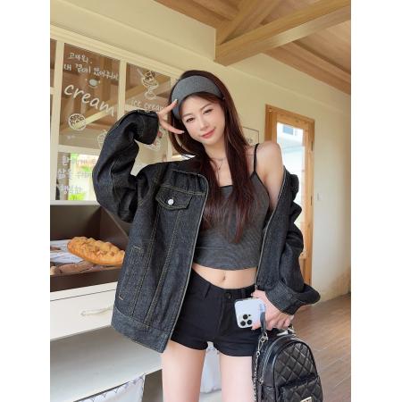 FA56347#黑色牛仔小众设计款短款宽松牛仔外套 服裝批發女裝批發服飾貨源