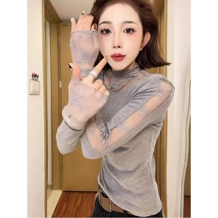 FA56348#蕾丝拼接新款长袖T恤女秋冬新款显瘦绝美巨好看打底衫上衣潮 服裝批發女裝批發服飾貨源