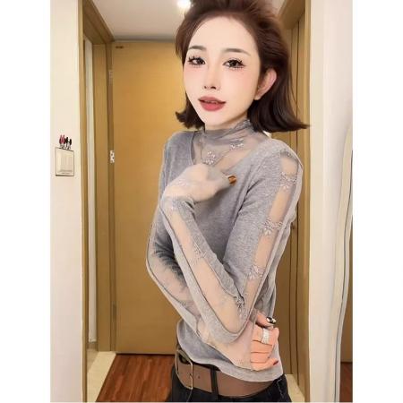 FA56348#蕾丝拼接新款长袖T恤女秋冬新款显瘦绝美巨好看打底衫上衣潮 服裝批發女裝批發服飾貨源