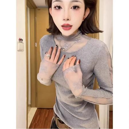 FA56348#蕾丝拼接新款长袖T恤女秋冬新款显瘦绝美巨好看打底衫上衣潮 服裝批發女裝批發服飾貨源
