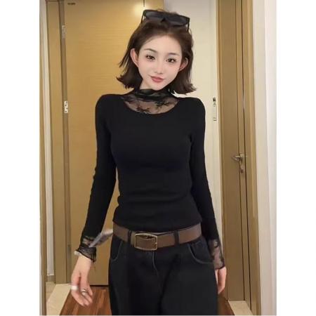FA56348#蕾丝拼接新款长袖T恤女秋冬新款显瘦绝美巨好看打底衫上衣潮 服裝批發女裝批發服飾貨源